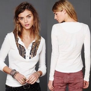 Free People Sequin White Tiger Eyes Henley Shirt
